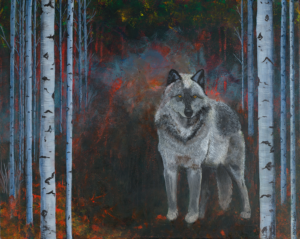 Into the Fire Grey Wolf and Birch Trees Giclee Art Print
