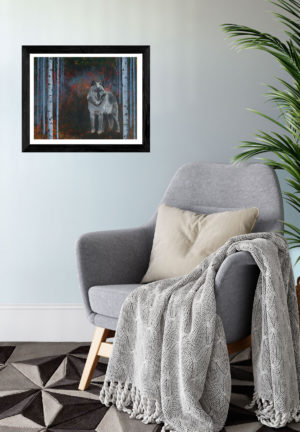 Into the Fire Grey Wolf and Birch Trees Giclee Art Print - framed