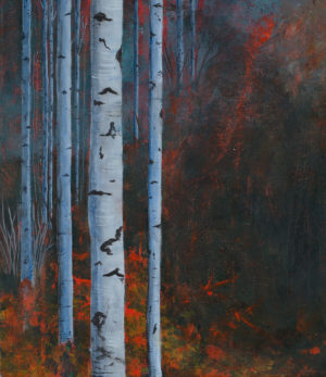 Into the Fire Grey Wolf and Birch Trees Giclee Canvas Print close up birch detail