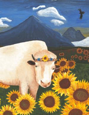 white buffalo and sunflower painting close up detail