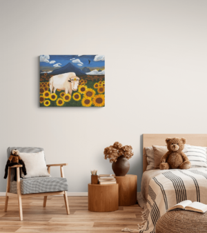 White buffalo and sunflower painting fields of abundance in comfy room