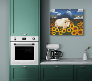 White buffalo and sunflower painting in kitchen