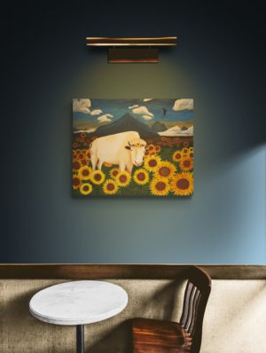 White buffalo and sunflower painting in cafe