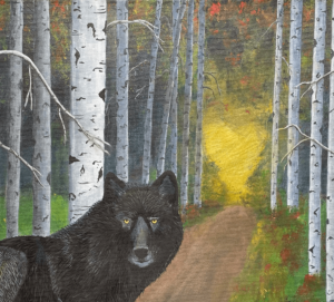 Follow Your Heart Black Wolf Painting by Natalie Eve Marquis tight view of heart at end of path