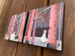 Bunnies and Birch Trees Painting diptych side