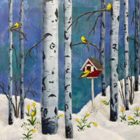 Springalicious Daffodils Goldfinches and Birch Trees Painting