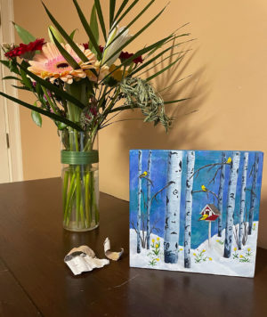Springalicious Daffodils Goldfinches and Birch Trees Painting on table broad