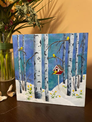 Springalicious Daffodils Goldfinches and Birch Trees Painting on table