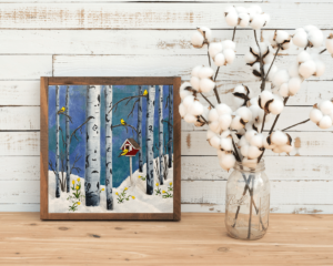 Springalicious Daffodils Goldfinches and Birch Trees Painting in wood frame