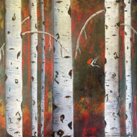 Woodpecker and birch trees painting left