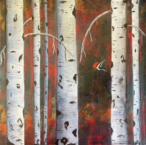 Woodpecker and birch trees painting left
