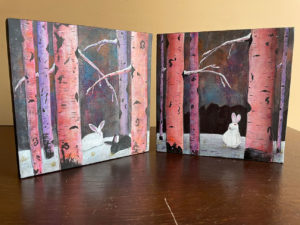 Bunnies and Birch Trees Painting diptych