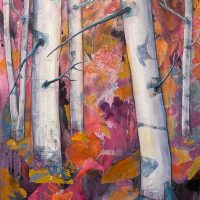 Autumn in pink birch tree painting