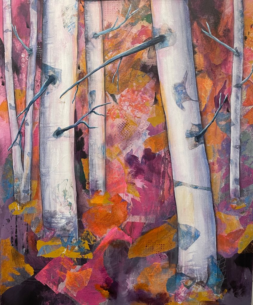 Autumn in pink birch tree painting