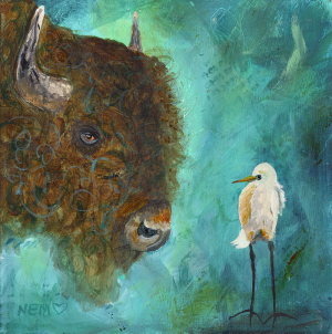 mini painting of a buffalo with an egret