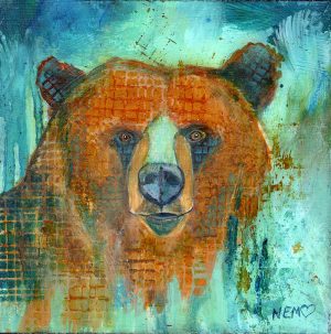 Wild Renewal Bear mini 6x6 painting by Natale Eve Marquis