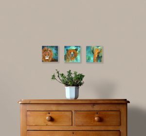 mini paintings of elephant, bear, and lion